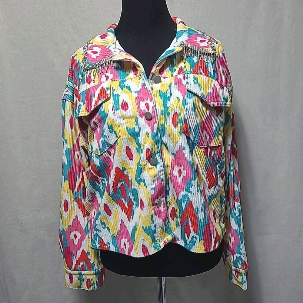 Savanna Jane Rhinestone Trimmed Collar Retro Fun Geometric Colorful Jacket Sz S